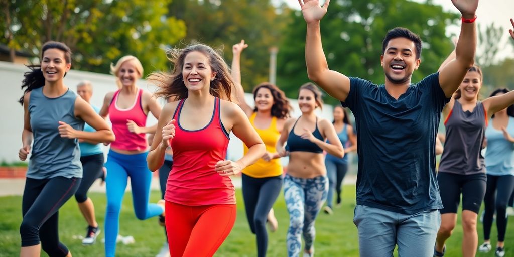 Group exercising outdoors with energy and enthusiasm.