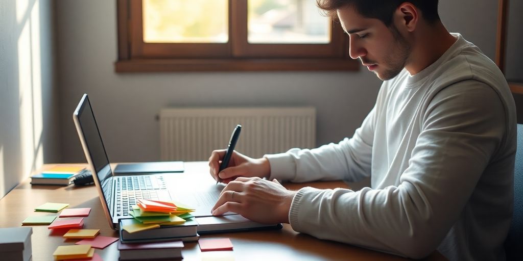 Person working with focus, colorful notes around them.