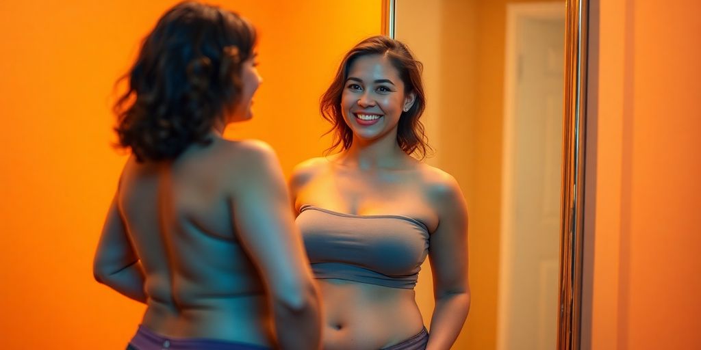 Person smiling at mirror, embodying positive body image.