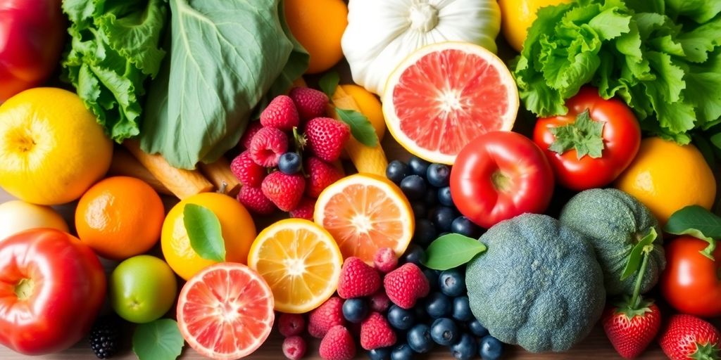 Colorful fruits and vegetables on a wooden table.