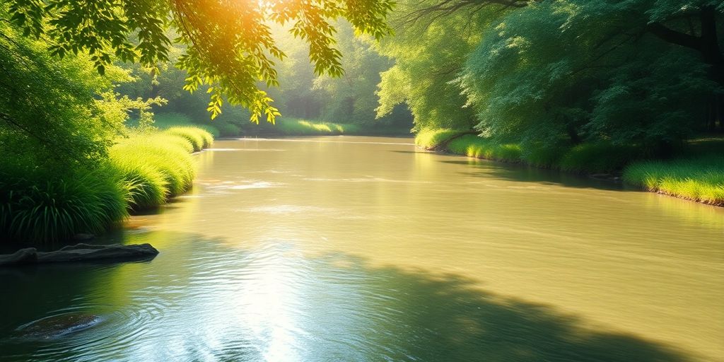 Serene landscape with a peaceful river and lush greenery.