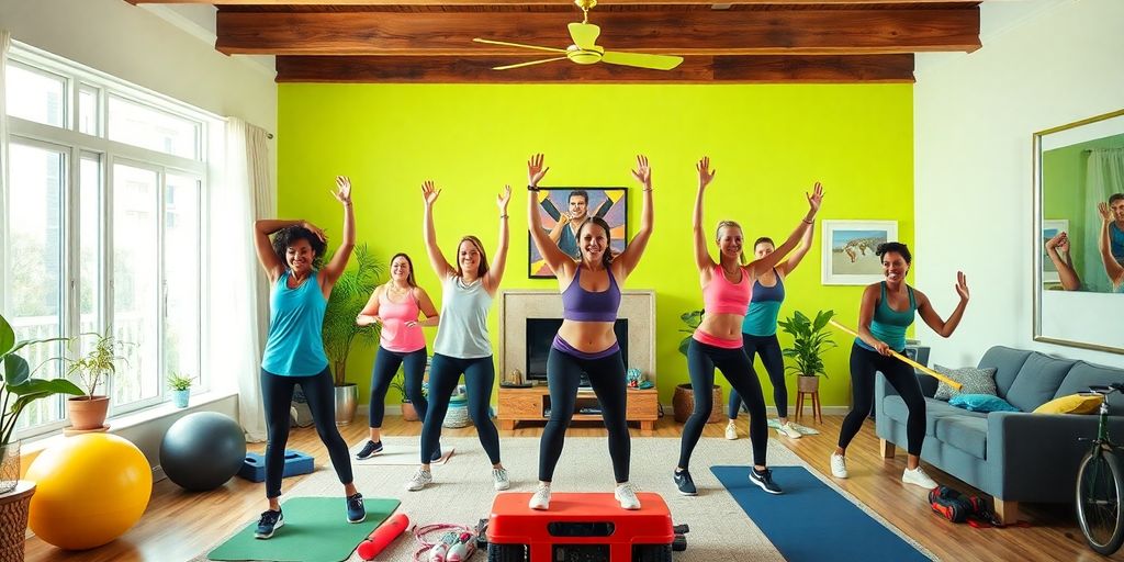 People exercising creatively in a home workout space.