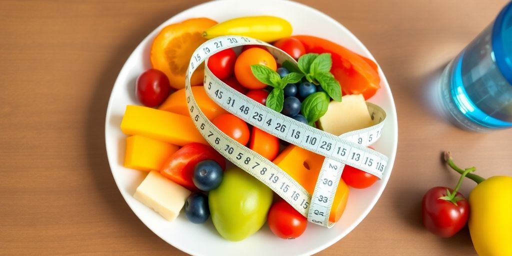 Colorful fruits, vegetables, measuring tape, and water bottle.