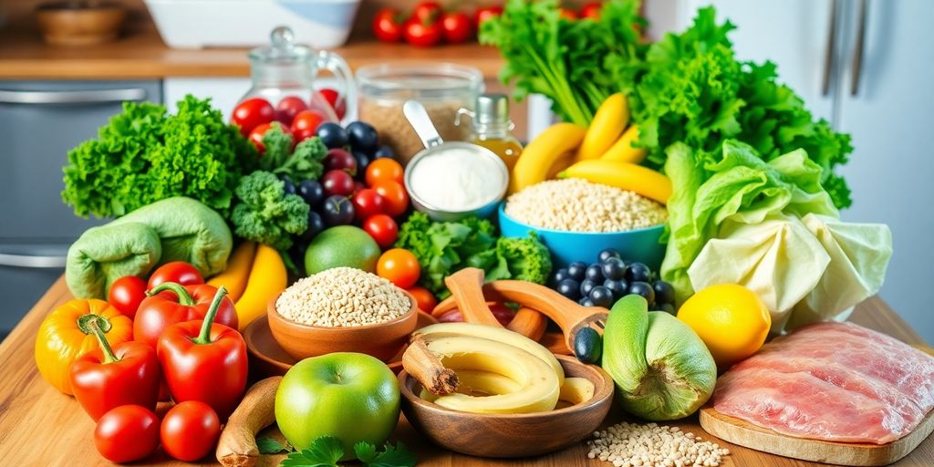 Fresh fruits and vegetables on a wooden kitchen table.