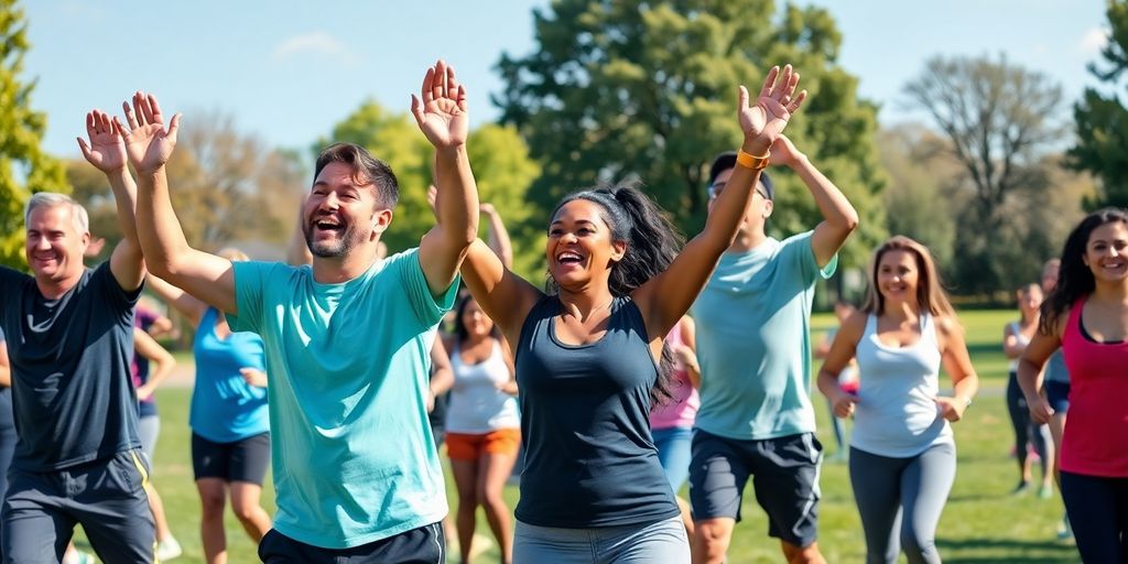 Diverse individuals exercising outdoors in a sunny park.