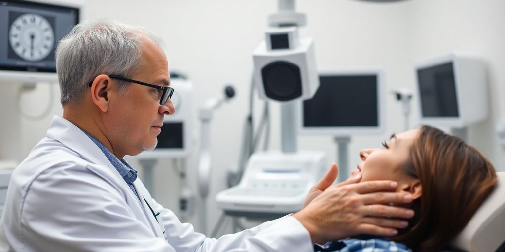 Healthcare professional examining a patient in a clinic.