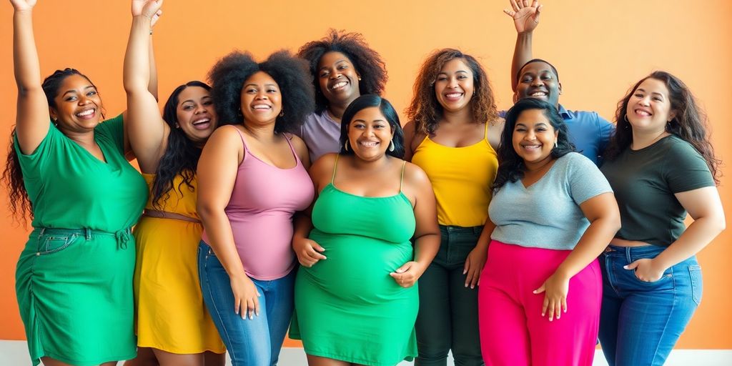 Diverse individuals celebrating body positivity with joyful expressions.