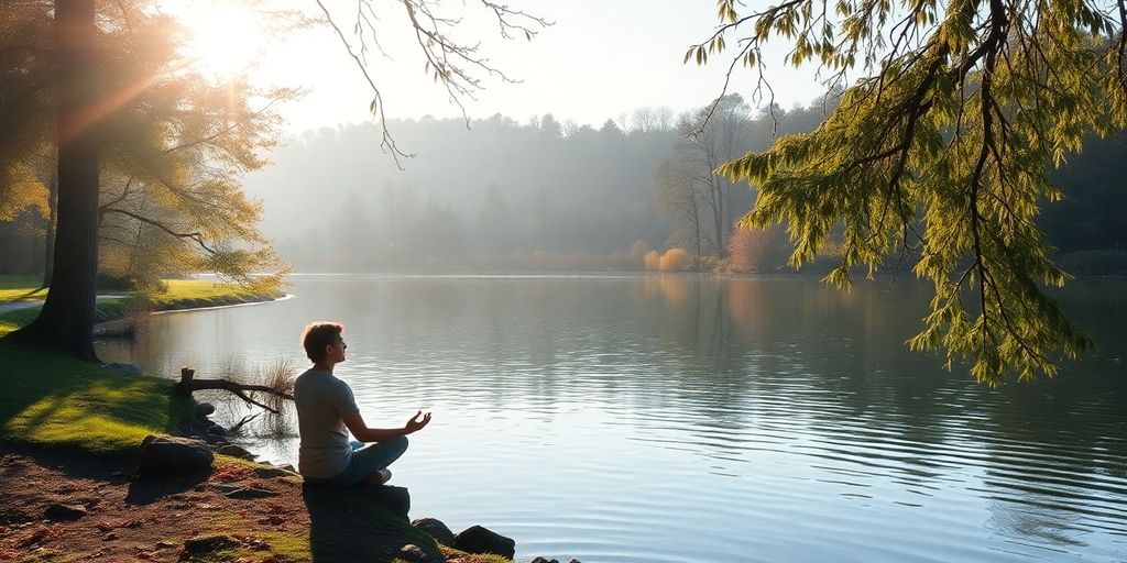 Person meditating by a tranquil lake in nature.