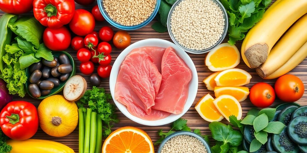Healthy foods including fruits, vegetables, and grains on table.