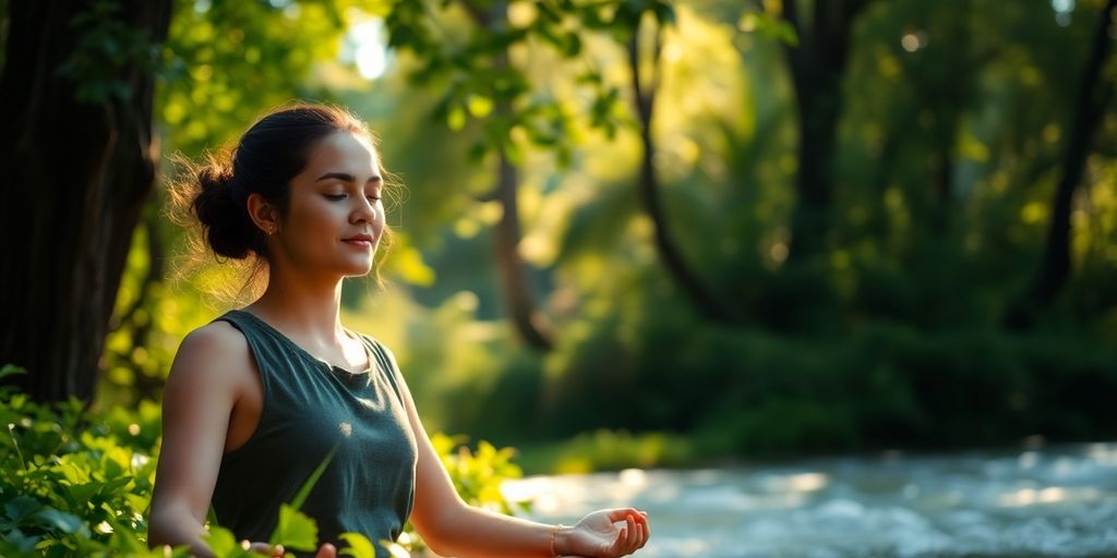 Person meditating in nature, surrounded by greenery and sunlight.