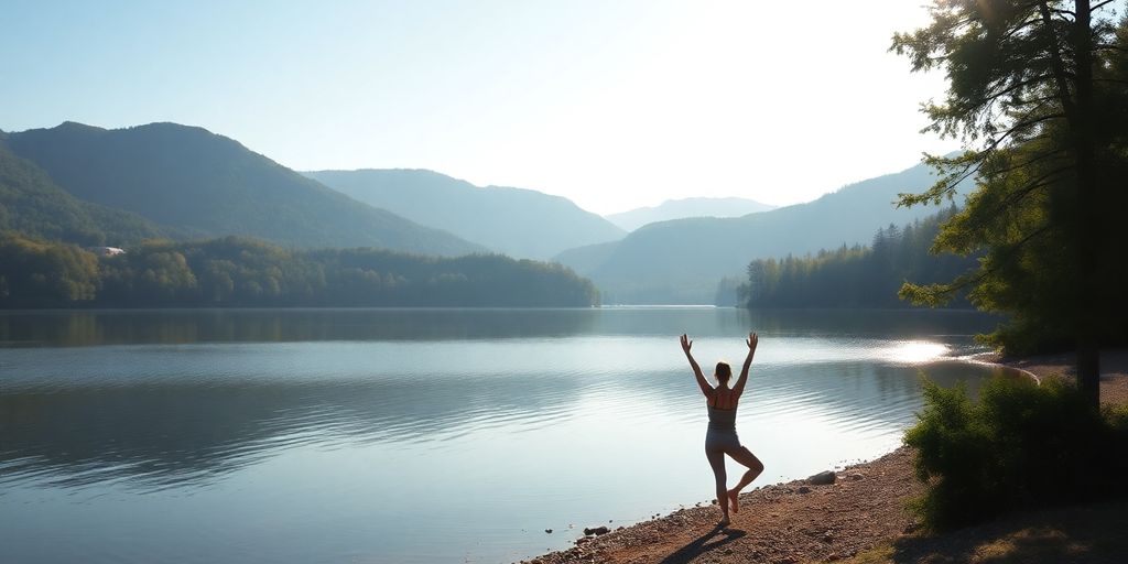 Person practicing yoga by a calm lake in nature.