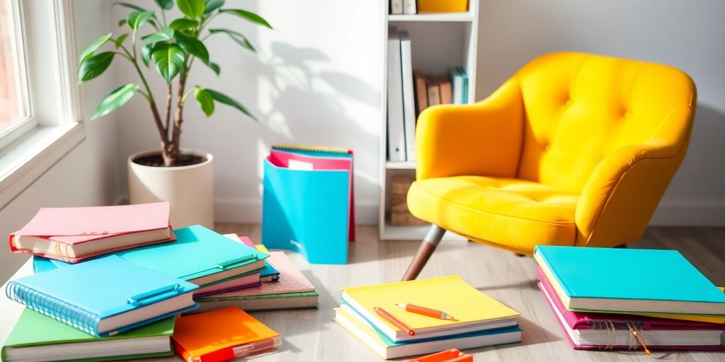 Cozy workspace with colorful notebooks and a plant.