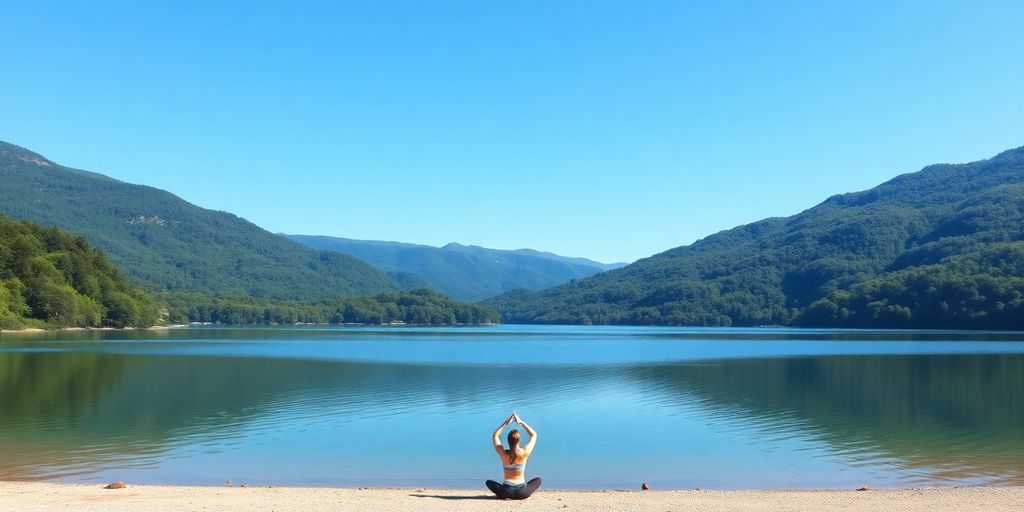 A peaceful lake scene with a person doing yoga.