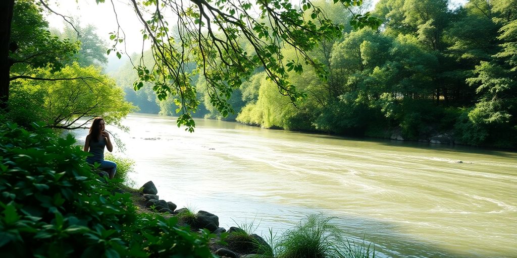 Person meditating by a peaceful river in nature.