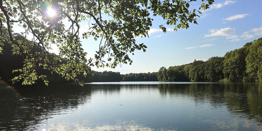 Peaceful lake scene promoting relaxation and calmness.