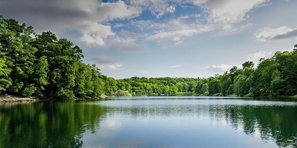 Tranquil lake and greenery for stress relief and relaxation.