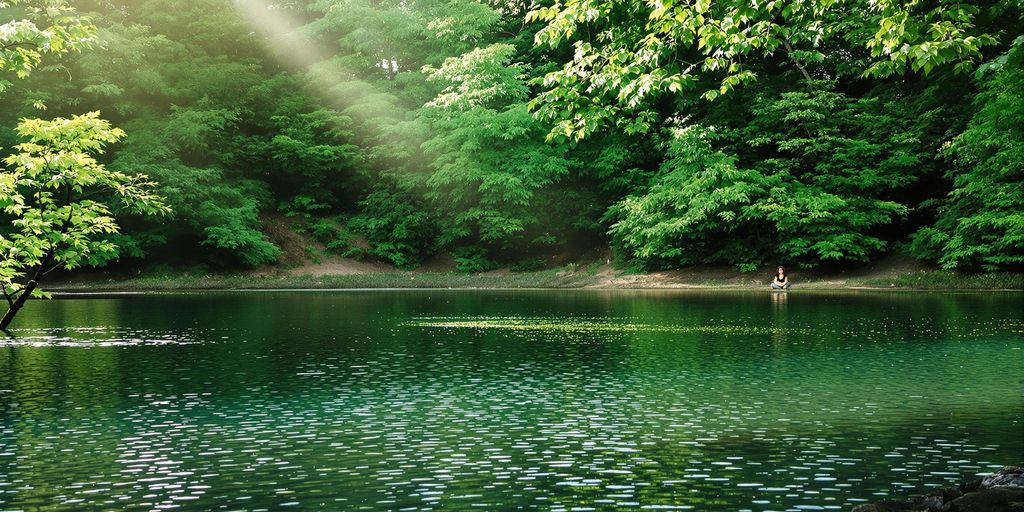 Person meditating by a calm lake in nature.