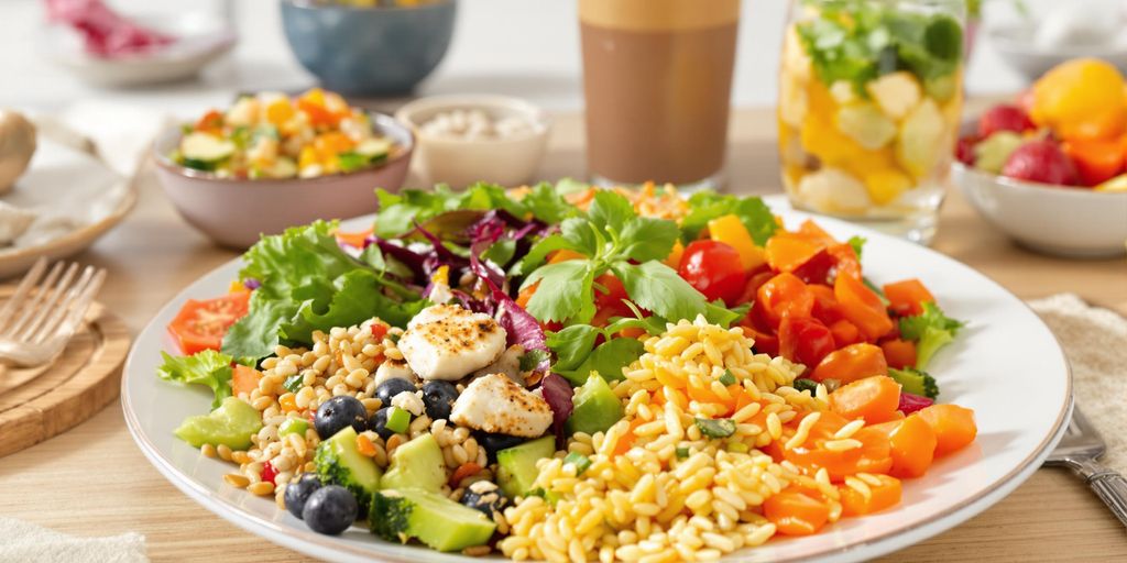 Colorful healthy meals on a plate and smoothie bowl.
