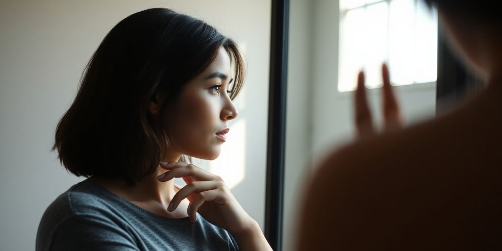 Person looking in mirror, contemplating body image.