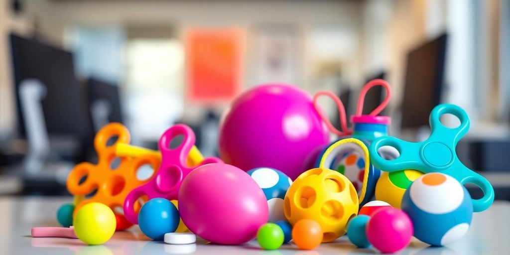 Colorful stress relief toys on a desk in an office.