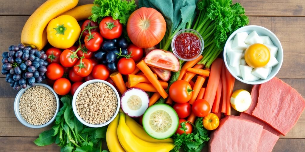 Colorful healthy food arrangement on a rustic wooden table.