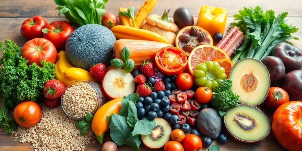 Colorful display of fresh fruits and vegetables on table.