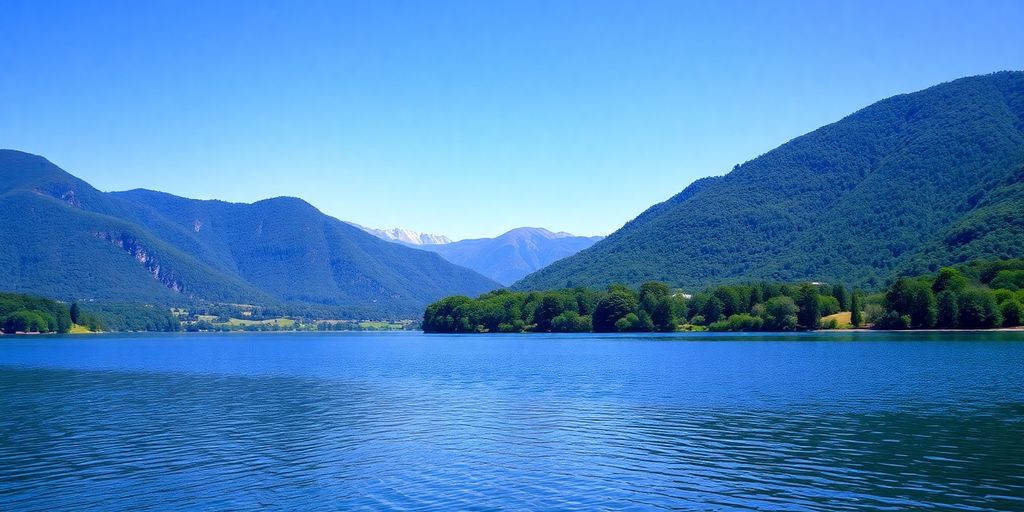 A peaceful lake scene surrounded by green mountains.