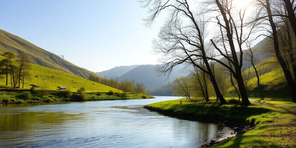 Serene nature landscape with a calming river and trees.