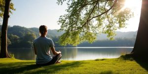 Person meditating by a calm lake in nature.