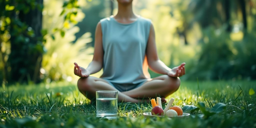 Person meditating outdoors with healthy snacks and water.