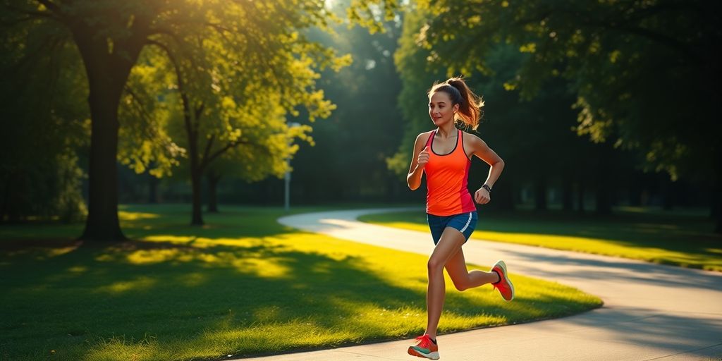 A runner jogging in a sunny park setting.