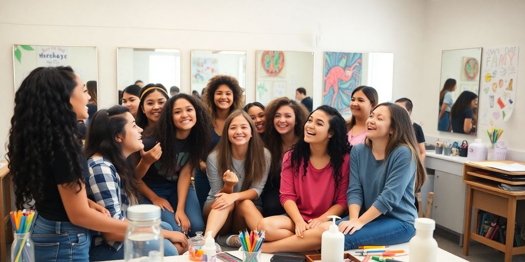 Teens discussing body image in a supportive environment.
