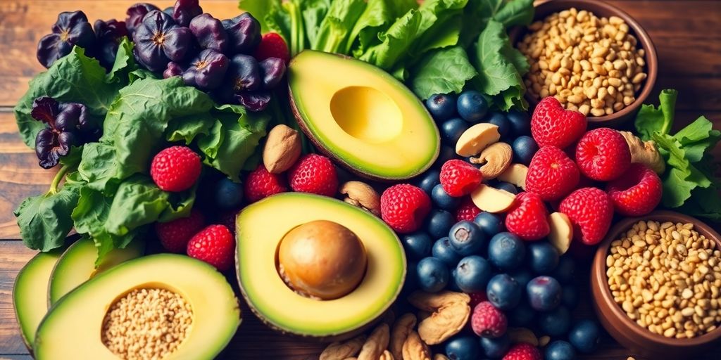 Healthy superfoods for pregnant women on a wooden table.