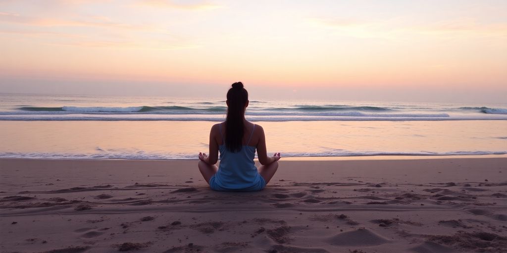 Person meditating on a calm beach at sunset.