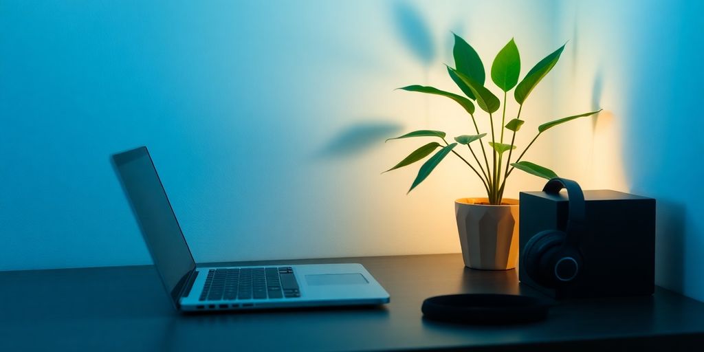 Calm workspace with laptop, headphones, and a plant.