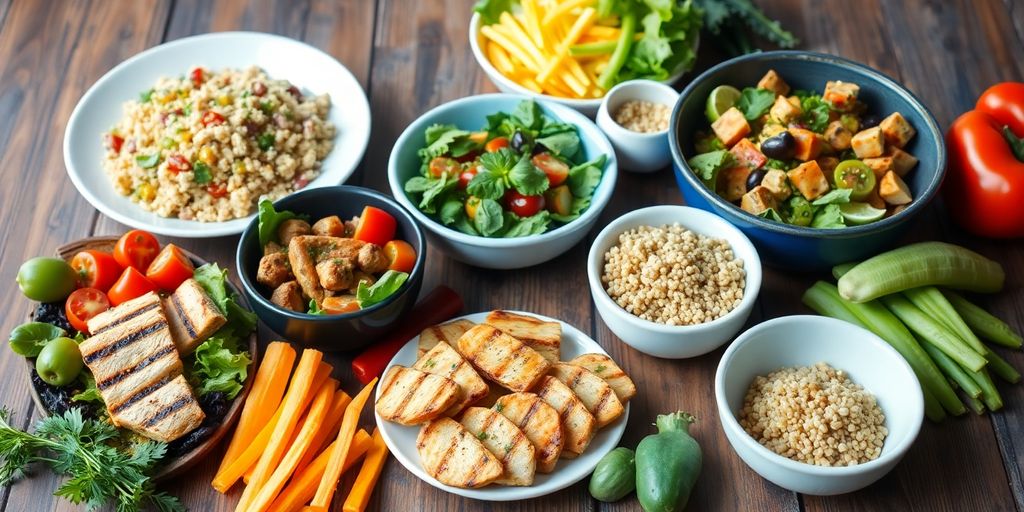 Colorful healthy meals for weight loss on a table.