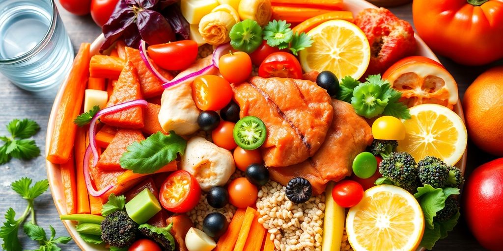 Colorful healthy foods arranged on a plate for weight loss.