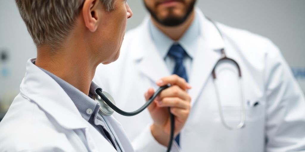 Doctor examining patient in a clinical environment.