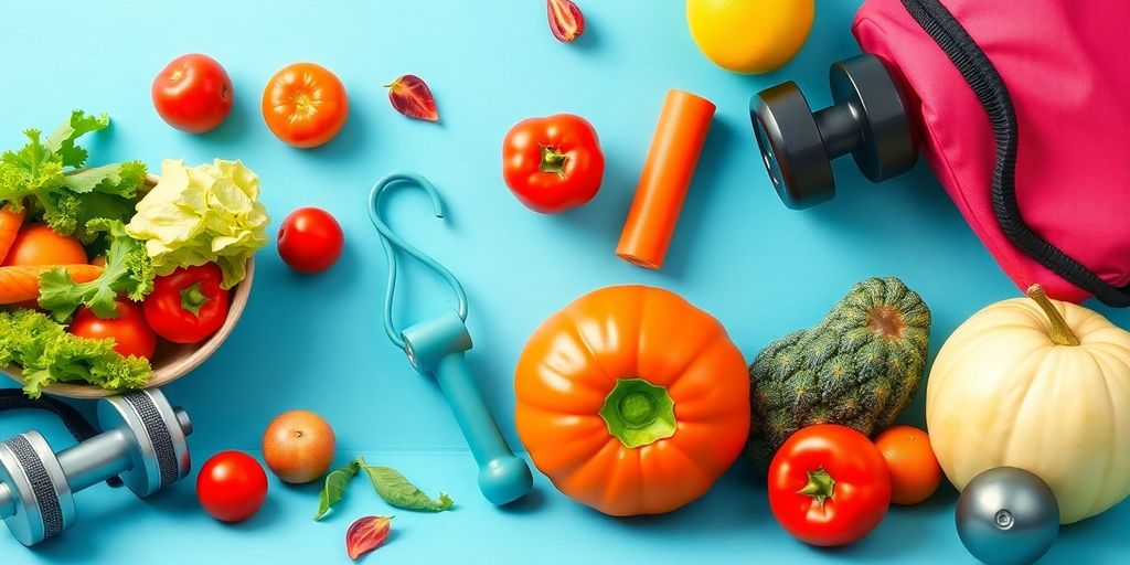 Colorful healthy foods and fitness gear for weight loss.