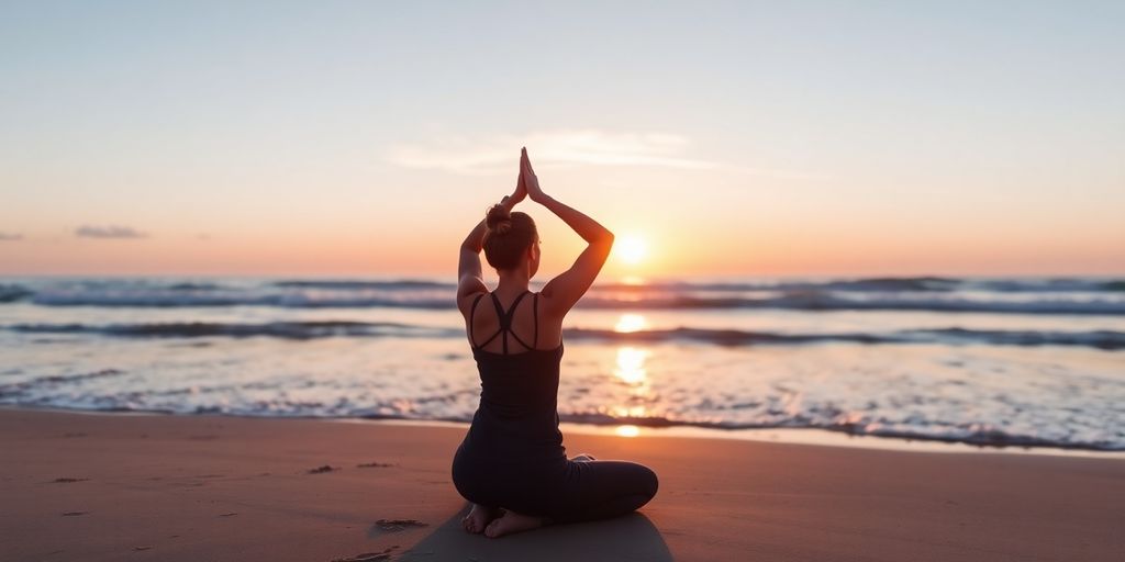 Person doing yoga on a beach at sunrise.