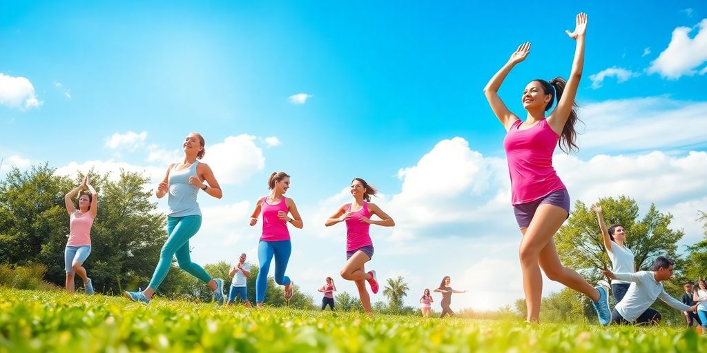 People exercising outdoors, enjoying nature and improving mood.