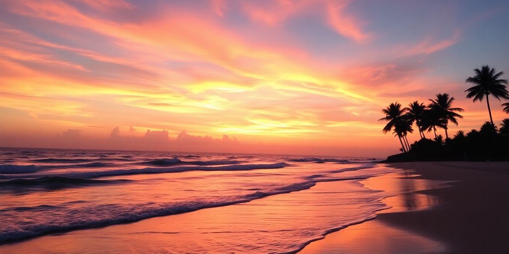 Tranquil beach sunset with soft waves and palm trees.