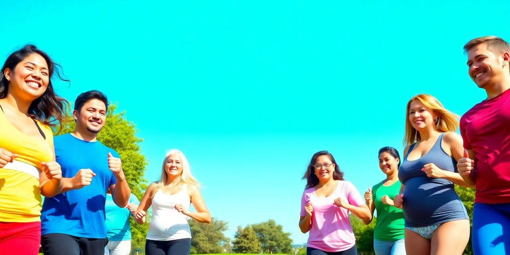 Diverse group exercising outdoors, promoting weight loss motivation.