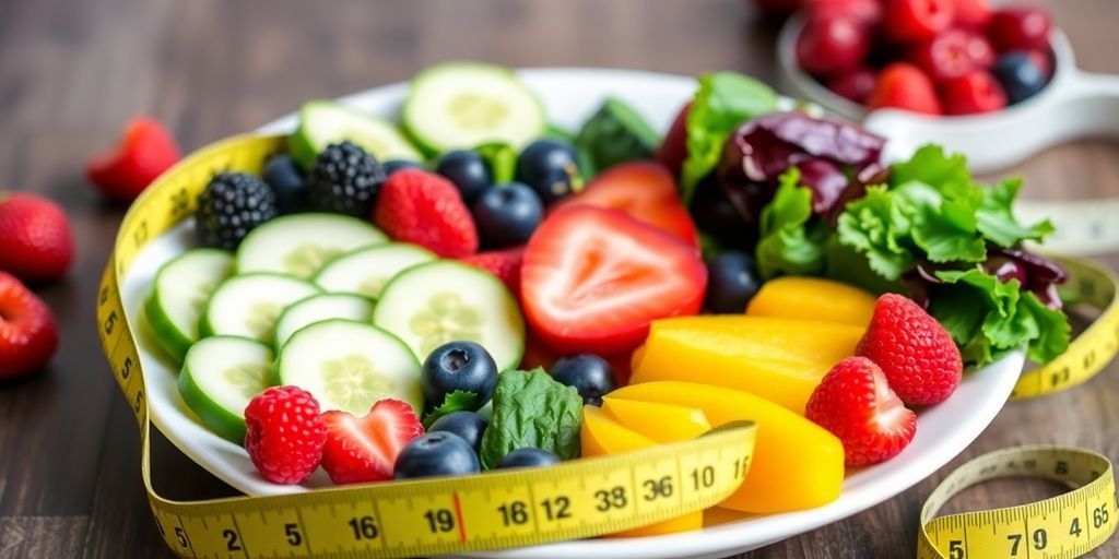 Colorful fruits and vegetables with a measuring tape.