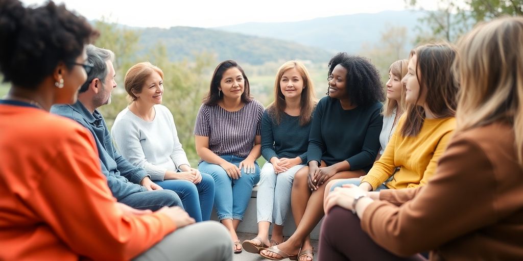 Diverse group discussing mental well-being outdoors in nature.