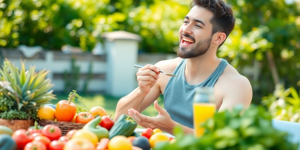 Person with healthy food in a bright outdoor setting.