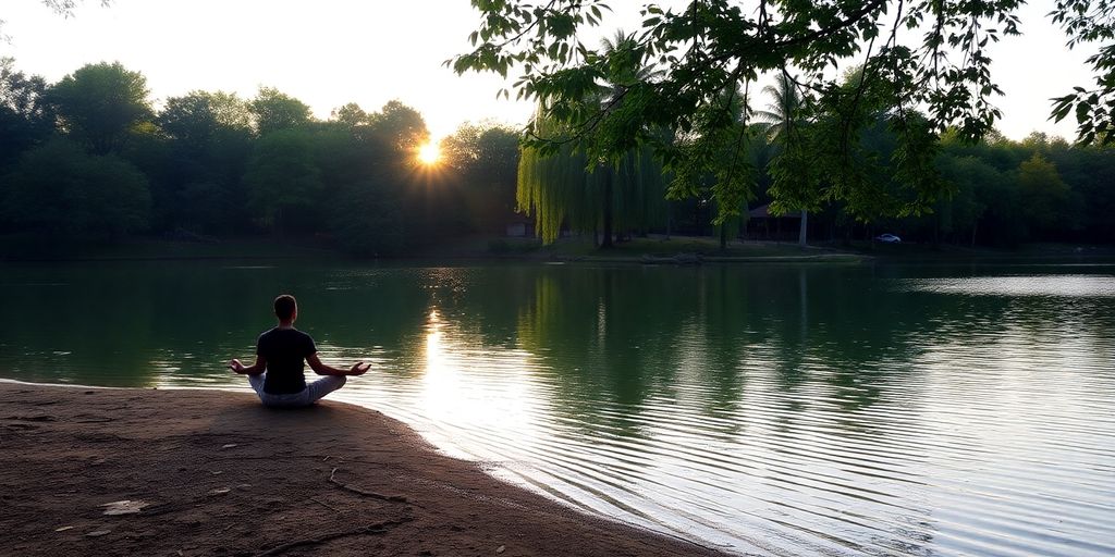 Person meditating by a peaceful lake in nature.
