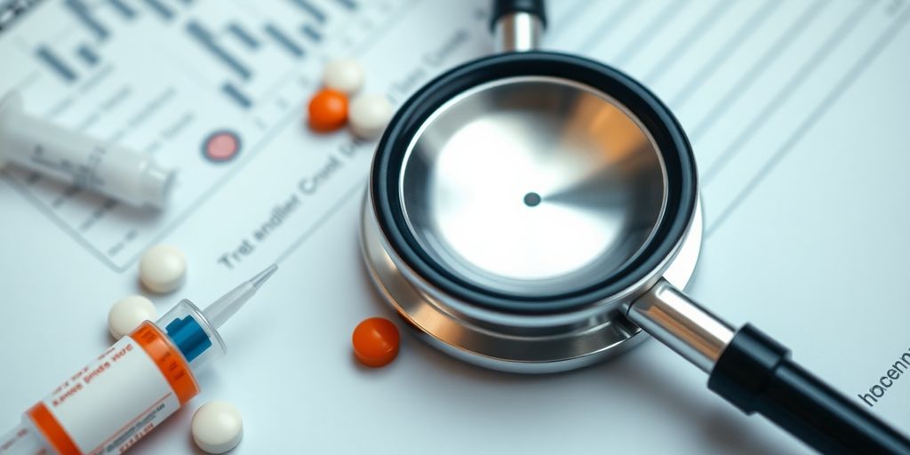Stethoscope, medical chart, pills, and syringe on table.