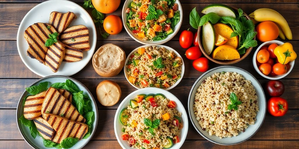 Colorful healthy meals arranged on a rustic wooden table.