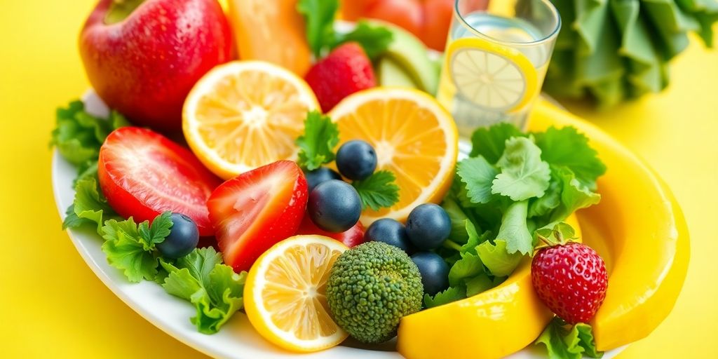 Colorful fruits and vegetables promoting healthy eating habits.